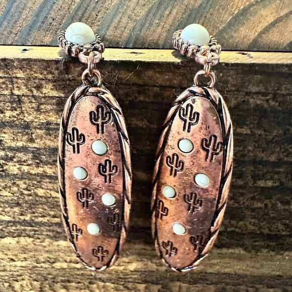 Boho Hippie Cowgirl Western Stamped Stone Copper Earrings - Cactus Thunderbolt - Picture 1 of 7